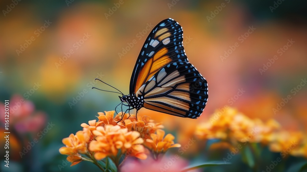 Poster a colorful butterfly perched on the petals of a vibrant flower, ideal for use in nature-themed desig