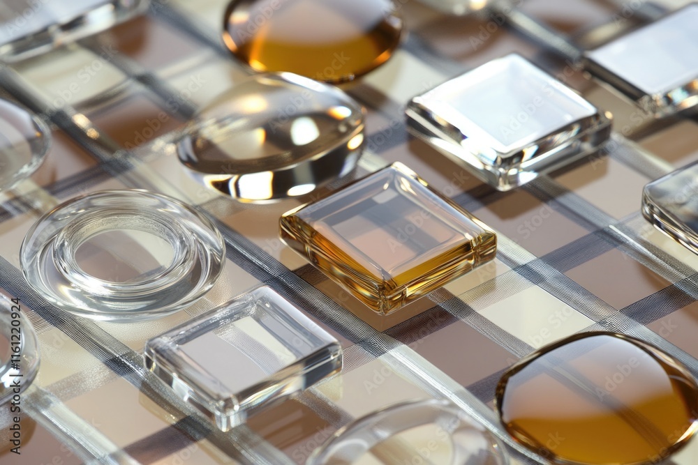 Poster close-up view of a collection of glass items on a table, suitable for use in still life photography 