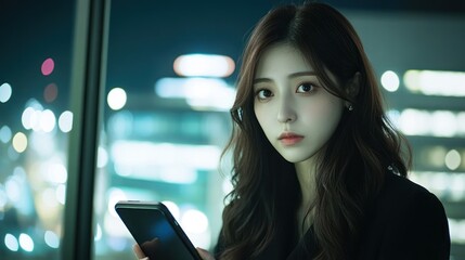 Fototapeta premium Night City Portrait: A Woman's Serene Gaze