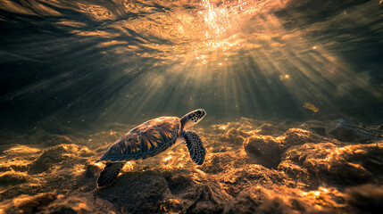 Obraz premium Sea turtle gracefully swimming through sunlit waters in a serene underwater landscape