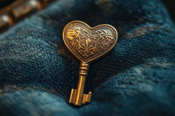Heart-shaped ornate antique key resting on soft fabric, symbolizing romance, elegance, and nostalgia, Valentine's Day concept