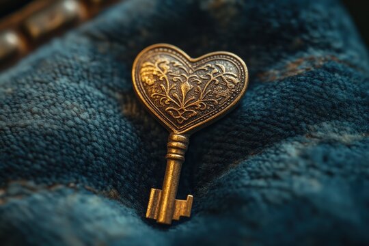 Heart-shaped ornate antique key resting on soft fabric, symbolizing romance, elegance, and nostalgia, Valentine&#039;s Day concept
