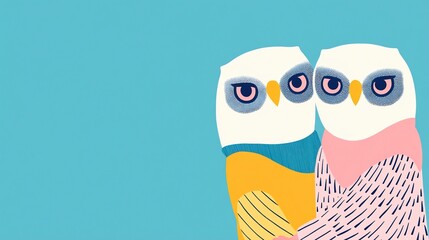 Obraz premium Charmingly Illustrated Owls Nestled Together on a Teal Background. AI Generated