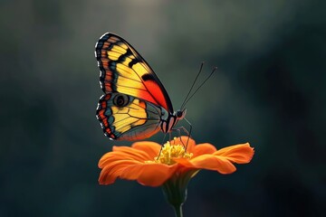 A delicate butterfly perches on a colorful flower