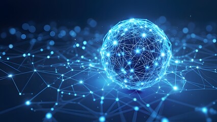 Fototapeta premium Mesmerizing 3D Blue and White Sphere Network, Futuristic Connection Hub with Abstract Lines and Geometric Shapes
