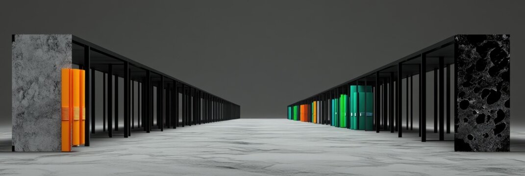 A modern architectural design featuring two parallel structures with colorful accents.