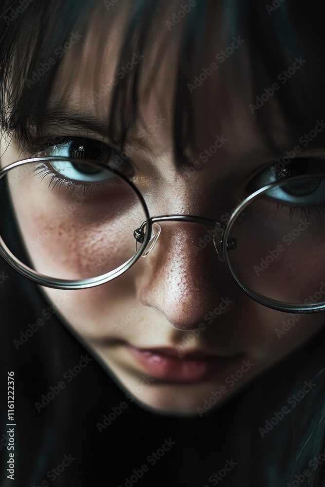 Poster a detailed view of an individual wearing glasses, perfect for use in illustrations or as a reference