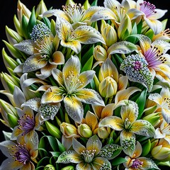 Beautiful fresh multi-colored lilies close-up. Bouquet, flowers background, abstraction, bright colors, flowering plants.
