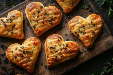 Heart-shaped puff pastries on rustic wooden board with herbs for Valentine's Day celebration, perfect for holiday baking concept