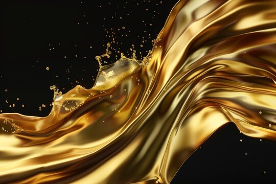 3D rendering, golden liquid, metallic moving liquid spray, heart shaped gel, golden splash clip art, artistic paint, abstract design elements isolated on black background. Luxury Beauty Concept
