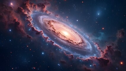 Fototapeta premium Majestic Spiral Galaxy, Vibrant Nebulae, Supernovae, and Stardust in a Deep Indigo Night Sky