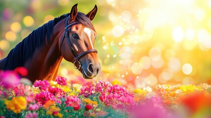 Obraz premium A horse stands amidst vibrant flowers, illuminated by soft sunlight, creating a serene atmosphere.