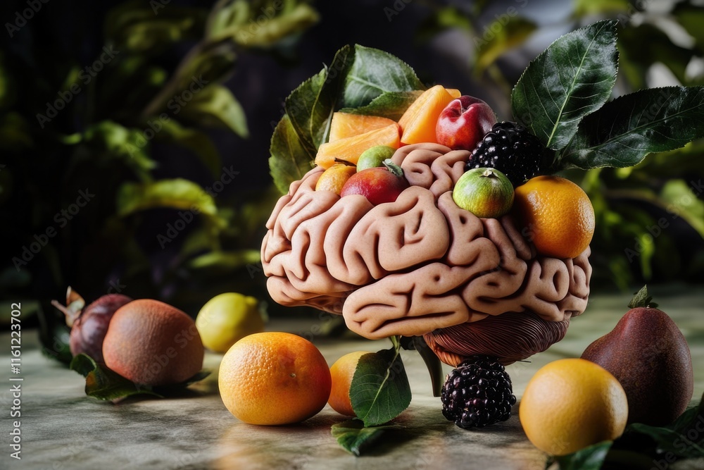 Aufkleber a creative arrangement of fruit forms a brain shape on a table, great for concepts related to thinki