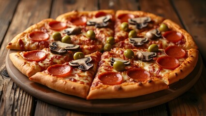 Delicious Golden-Brown Pepperoni Pizza with Mushrooms and Olives on Rustic Wood - Classic American Italian Comfort Food
