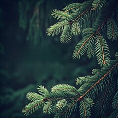 Beautiful Christmas Background with green fir tree brunch close up. Copy space, trendy moody dark toned design for seasonal quotes