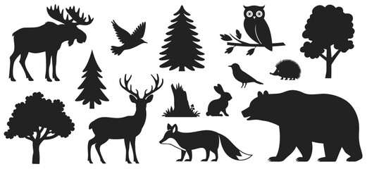 Set of black silhouettes of various forest animals and nature elements, isolated on a white background. Vector illustration