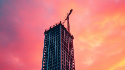 Construction tower rising against colorful sunset in urban landscape high angle view industrial development