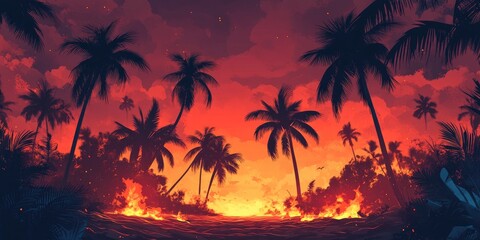 Fiery Sunset Over Tropical Island Palm Trees Blaze