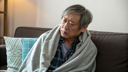 Obraz premium Elderly man resting peacefully on sofa wrapped in blanket