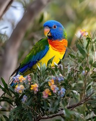 Naklejka premium A colorful parrot perched among vibrant flowers in a natural setting.