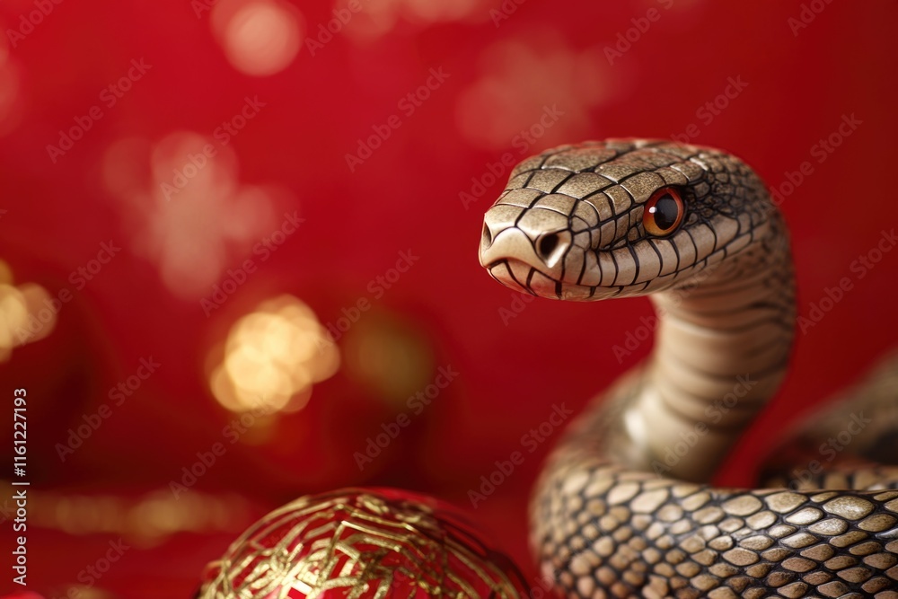 Poster A statue of a snake surrounded by a red ball, perfect for use in illustrations or designs where you need to add some subtle color and texture