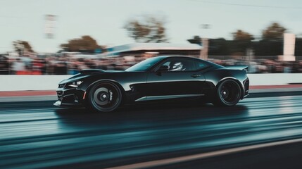 Red sports car racing at high speed on a drag strip, showcasing the thrill of competition and the pursuit of performance excellence