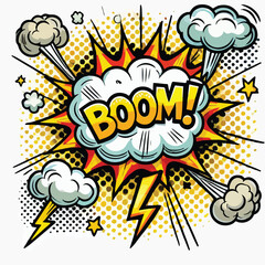 Cartoon comic sign burst cloud. Speech bubble, boom sign expression and   on a white background