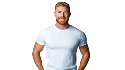 Blond Man Smiling Casual White T-Shirt Blue Jeans Hands Pockets Studio Portrait 