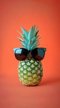 A pineapple wearing sunglasses on a red background. The sunglasses are black and the pineapple is green. The image has a fun and playful mood