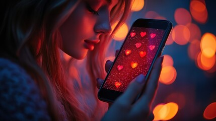 Young woman using smartphone with heart-themed screen against bokeh lights