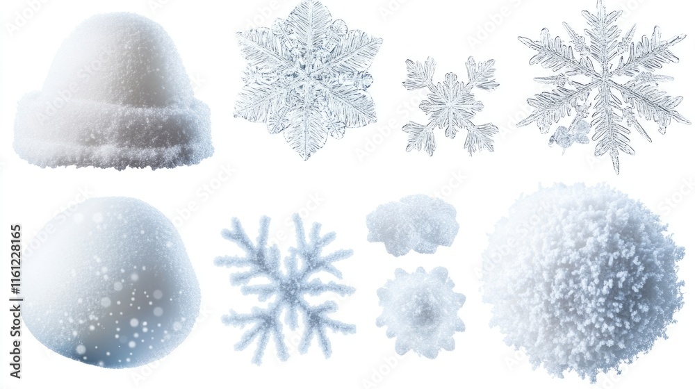 Poster a collection of unique snowflakes in various shapes and sizes, perfect for winter or cold weather th