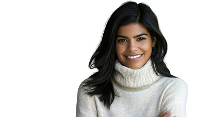 Fototapeta premium Smiling Elegant Woman Wearing White Knit Sweater Studio Style Professional Portrait