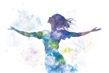 Obraz premium Watercolor illustration of a woman stretching her arms up towards the sky