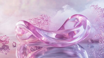 Elegant pink glass sculpture with abstract form and ethereal misty background