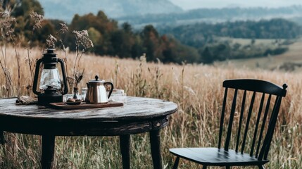 Fototapeta premium A table with a lantern and a tea kettle on it and a black chair next to it. The scene is set in a grassy field with mountains in the background. The table and chair are set up for a camping tri