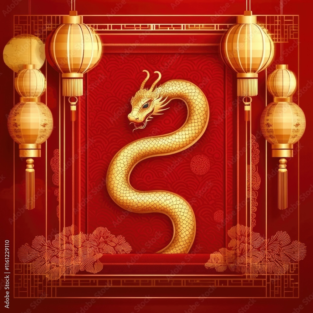 Poster a majestic golden dragon perched on a red background surrounded by soft glow of lanterns