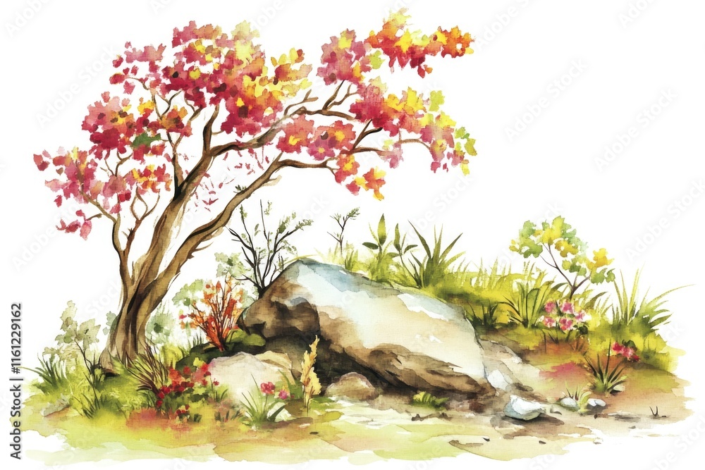 Poster a scenic view of a rock and tree combination in a watercolor painting style