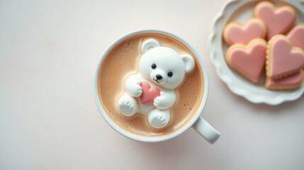 Marshmallow bear with pink heart in cappuccino cup, standing on table with heart-shaped cookies,  Valentine's Day greeting card, space for text