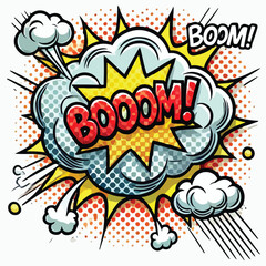Cartoon comic sign burst cloud. Speech bubble, boom sign expression and   on a white background
