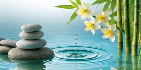 Obraz premium Smooth stones are stacked beside bamboo stalks and delicate white flowers, creating a serene and tranquil setting. A droplet of water falls, causing ripples on the calm surface below. AI generated.