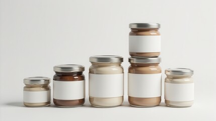 Five assorted glass jars with blank white labels stacked on a white background, showcasing a variety of jars suitable for food, cosmetics, or other products