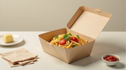 A neatly arranged box of crispy French fries with dipping sauce, a sliced bun on napkins, and a cup of refreshing drink on a light-colored table