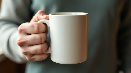 A close-up of a hand holding a white ceramic mug, conveying warmth and relaxation