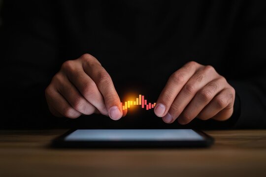 energy stock conecpt. Investor reviewing stock performance of electricity companies, with digital trading charts reflecting energy market fluctuations and trading volumes