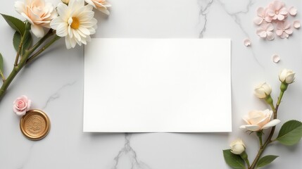 Blank white paper surrounded by soft pink roses and a wax seal on a marble surface, perfect for invitations or announcements