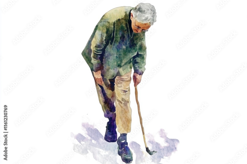 Poster senior gentleman using a walking stick for support, possibly recovering from injury or illness