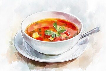 A bowl of warm soup served with a spoon on a saucer, perfect for a cozy meal or snack