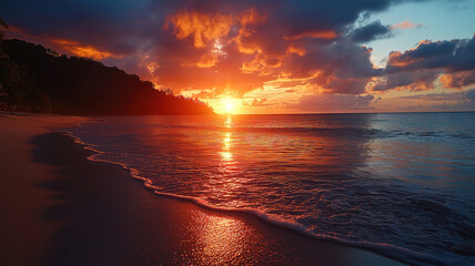 Stunning tropical sunset over Anse Lazio beach in Seychelles, highlighting crystal-clear waters