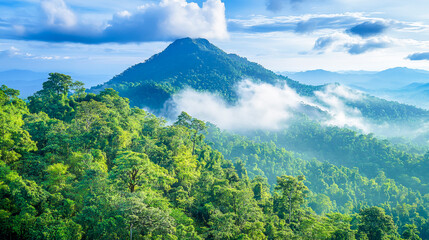Fototapeta premium A mountain covered in trees and fog with clouds, the sky is blue with white clouds, a photo of an alpine forest on top of a mountain