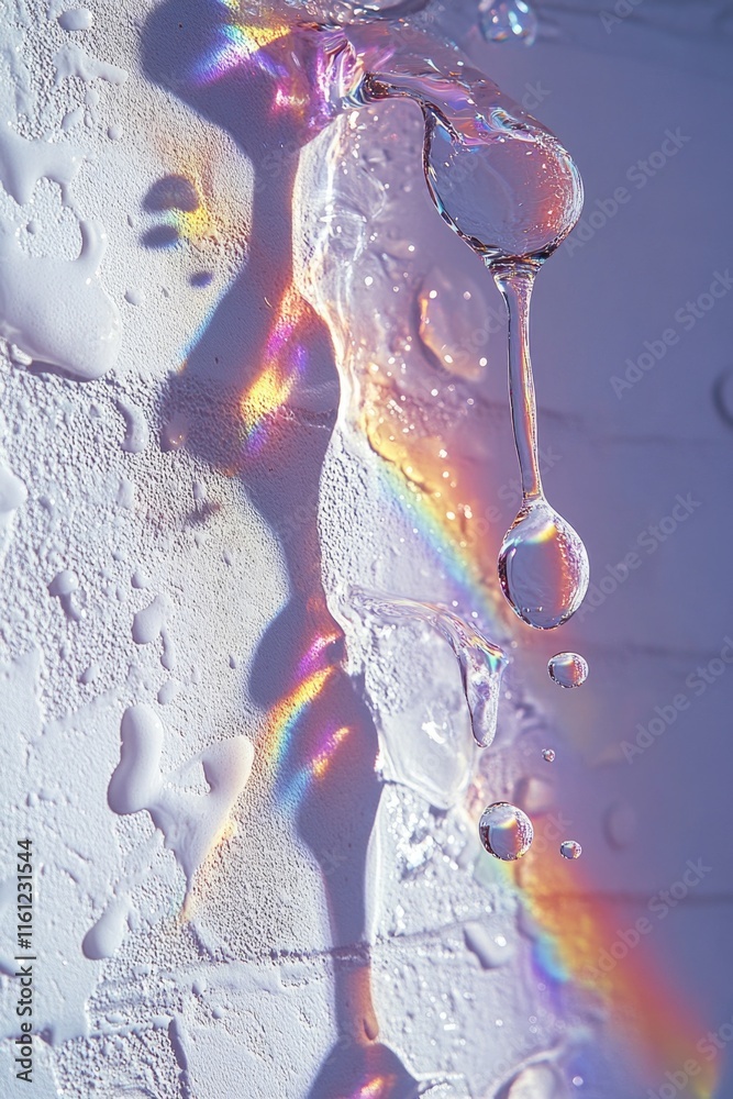 Poster a close-up shot of a single water droplet with a colorful rainbow in the background